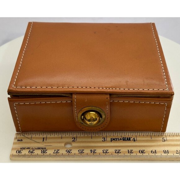 Vintage Brown Faux Leather Trinket Jewelry Box Brass Button Closure Retro Decor - Picture 8 of 14